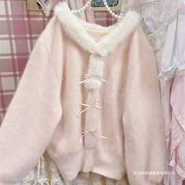 毛领针织温柔假开衫宽松甜美粉色针织衫上衣新款毛衣外套