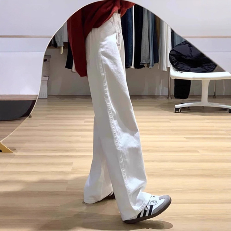 Plus Size White High-Waisted Straight-Leg Jeans for Women, 2025 Autumn New Style, Petite Drapey Wide-Leg Floor-Length Pants