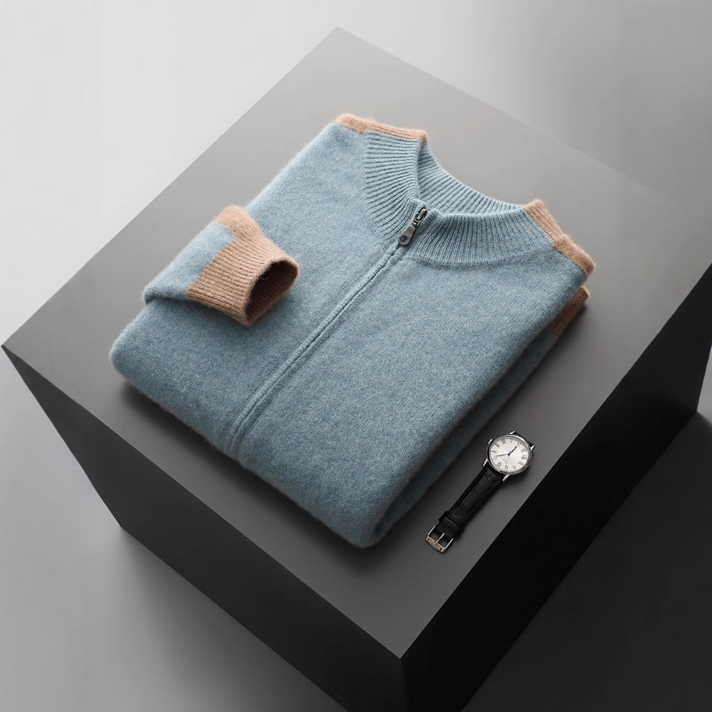 Men's Half-High Collar 100% Pure Wool Thickened Cardigan Commuter Style Zipper Knitted Cardigan Jacket Loose Plus Size Jacket