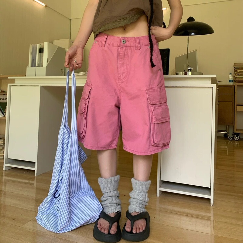 American Retro Pink Design Workwear-Style Cropped Pants for Women, Summer Loose Wide-Leg Mid-Length Casual Shorts