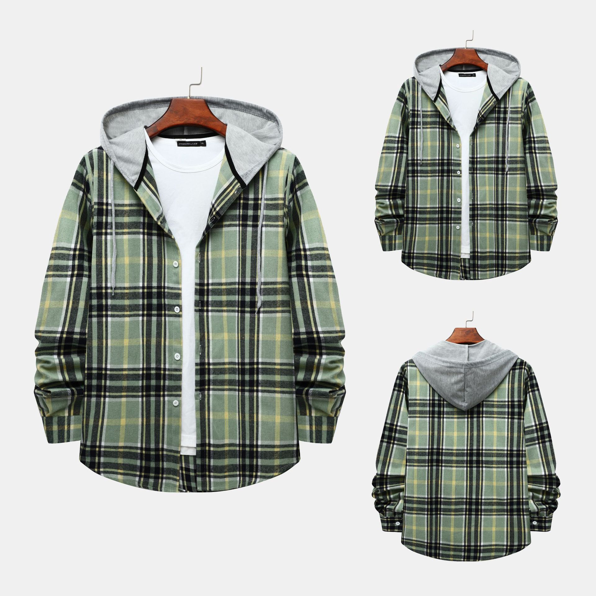 Camisa a cuadros con capucha transfronteriza para hombres 2023 Comercio exterior otoño Harajuku estilo camisa a cuadros con capucha para hombres camisa casual estilo Hong Kong