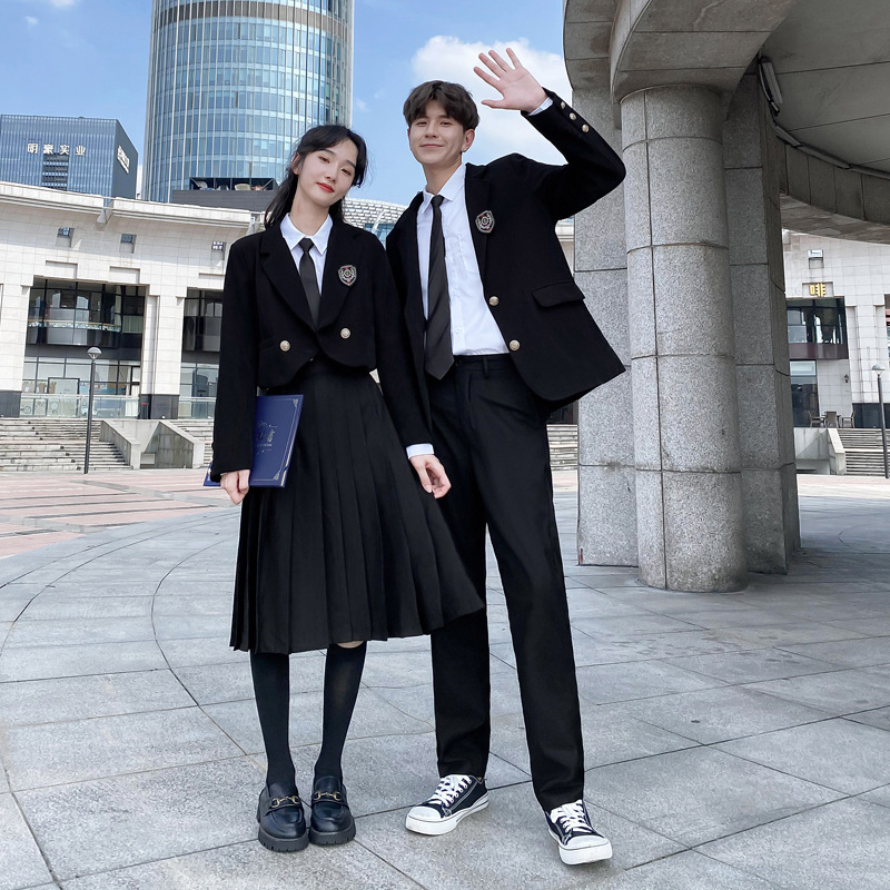 学院风情侣装毕业季初高中生设计感长袖西装外套JK百褶半身裙套装