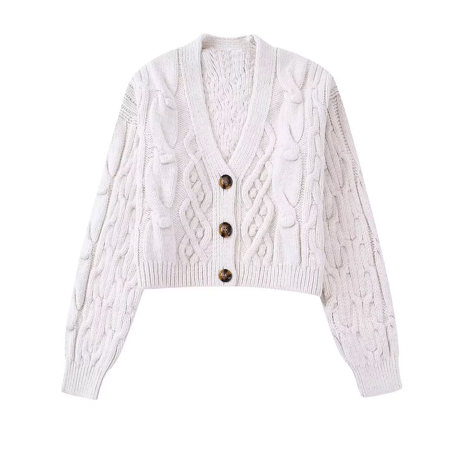 ZA Damen 2024 Frühjahr Neuer modischer Lazy Style Langarm V-Ausschnitt Pullover Strickjacke Mantel_voghion.com