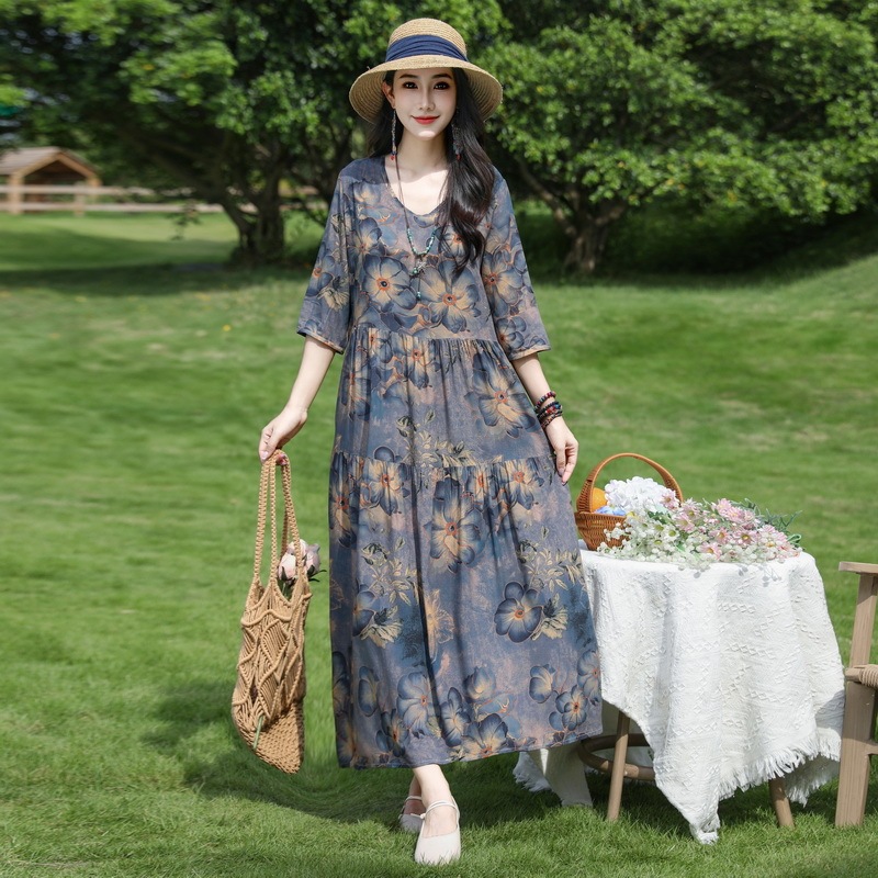 Cotton Silk Dress 2026 New Summer Women's Fashion Printed Rayon Loose Plus Size Outerwear Mid-Length Dress