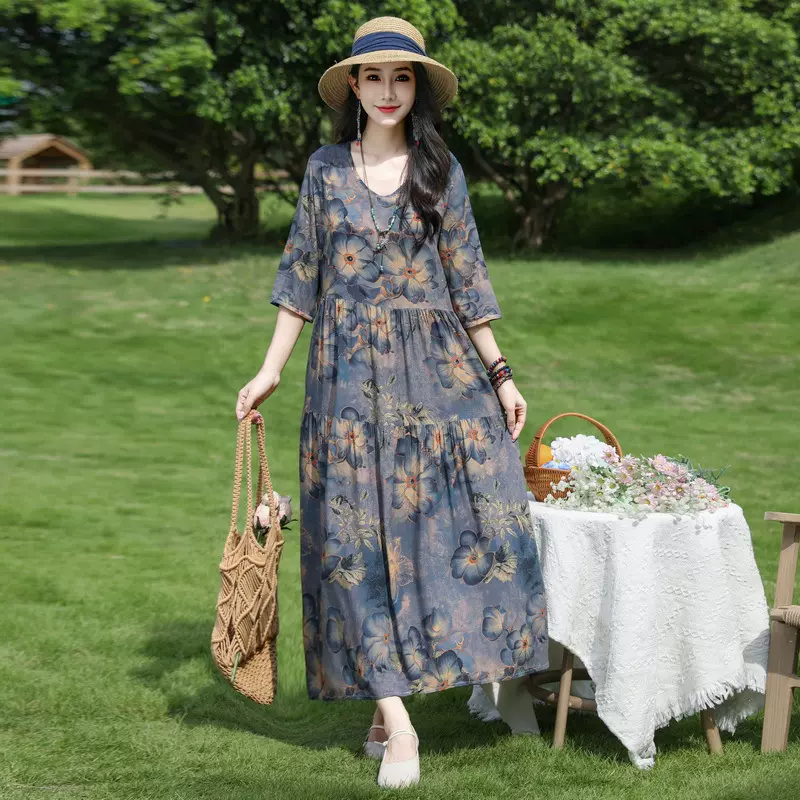 棉绸连衣裙2025新款夏季女时尚印花人造棉宽松大码外穿中长款裙子