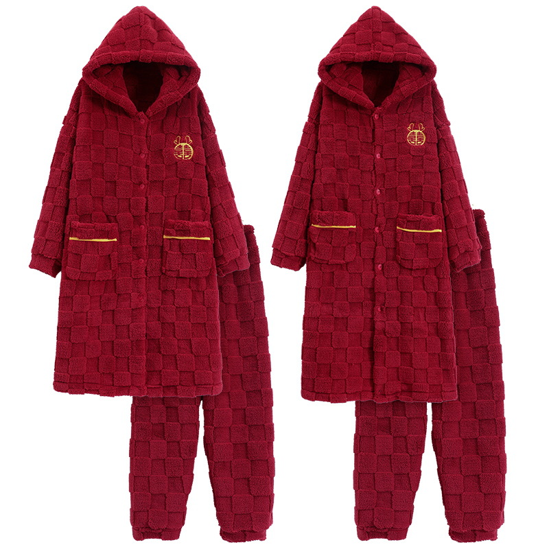 Pijama de casamiento de nuevo matrimonio conjunto de invierno pijama de lana de coral más lana gruesa ropa de hogar de franela