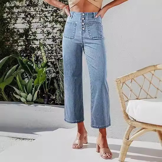 Jeans de Tiro Alto y Pierna Ancha para Mujer de Algodón con Bolsillos image 5