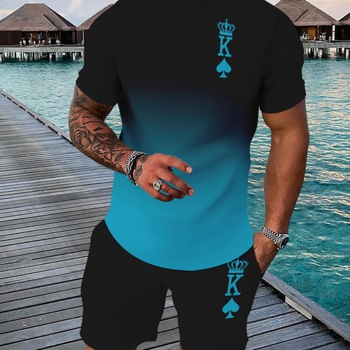 Plus-size 2025 Casual 3D Printed Multi-Color Gradient Short-Sleeve T-Shirt and Shorts Two-Piece Set