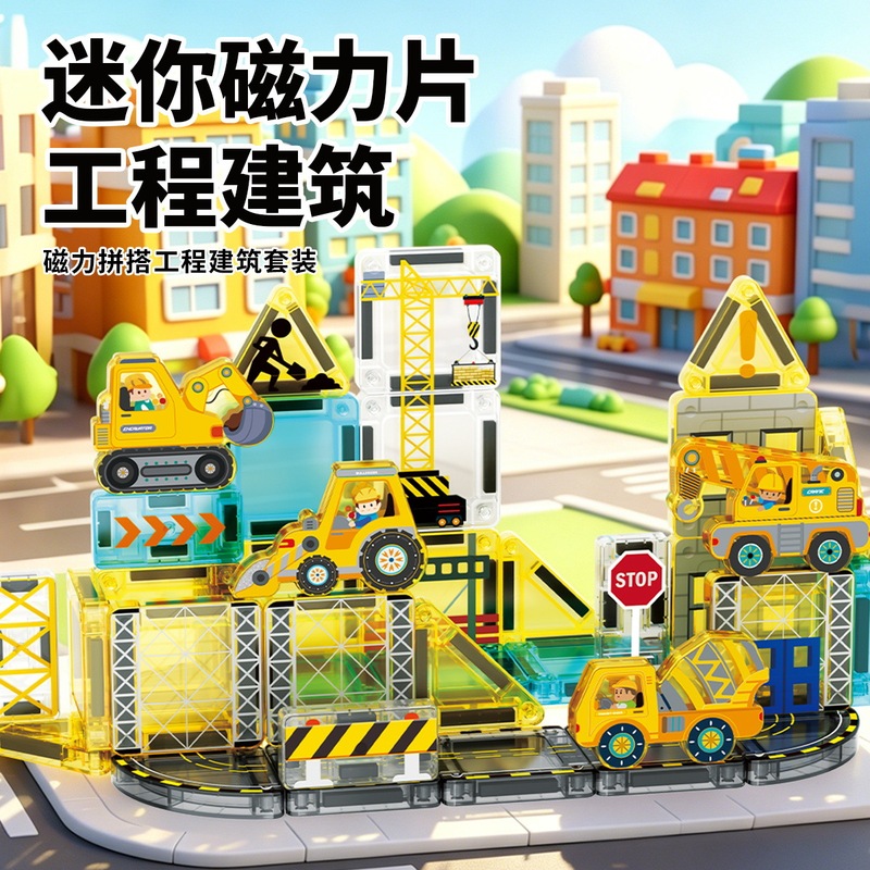 Cross-border portable 3.75cm magnetic tiles refill set, construction vehicle scene, colorful window magnetic tiles, children's educational toy