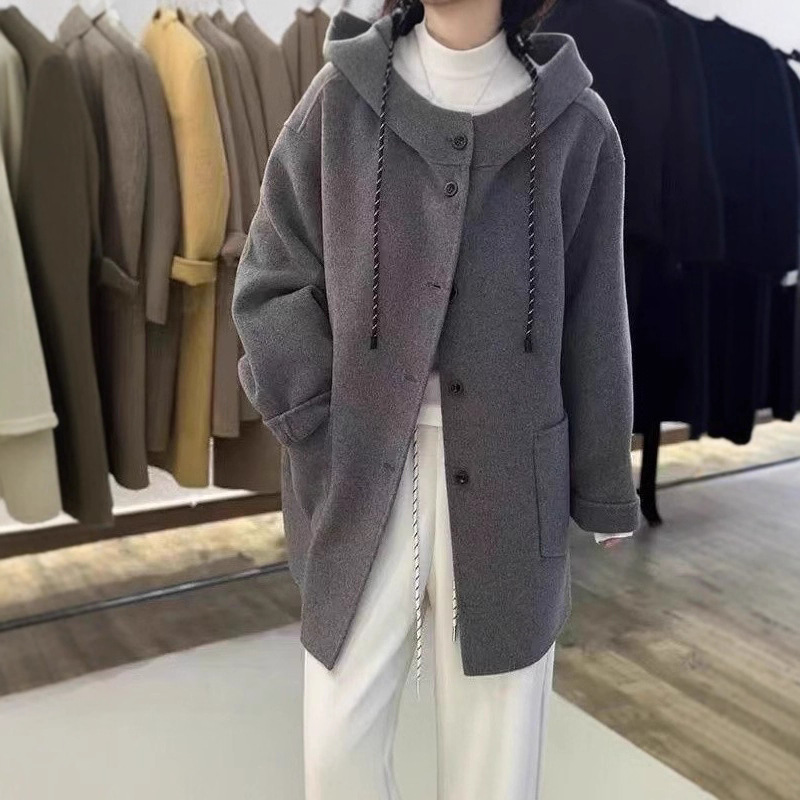 《특가》신상품 드로스트링 후드 양면 울 코트 중간 길이 루즈핏 슬리밍 울 코트