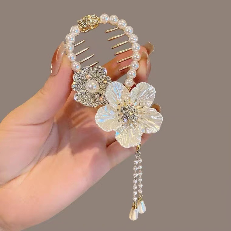 Novo borla pérola strass flor grampo de cabelo para trás cabeça bobina cabelo agarrar clipe premium sentido bola cabeça grampo cabelo acessórios atacado_voghion.com