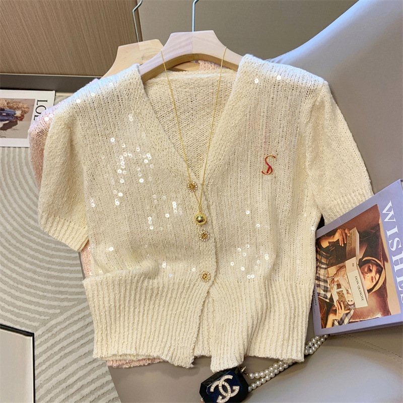 フレンチスタイルスパンコール半袖ニットカーディガン女性のための2025夏の新しいスタイルファッショナブルなスリムVネックトップ|undefined