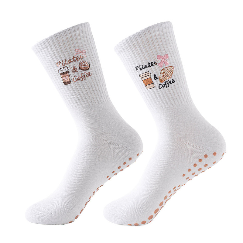 Sports Socks for Women, Mid-Calf Socks with Cute Lace Embroidery, Professional Non-Slip Pilates Yoga Socks, Grip Floor Socks