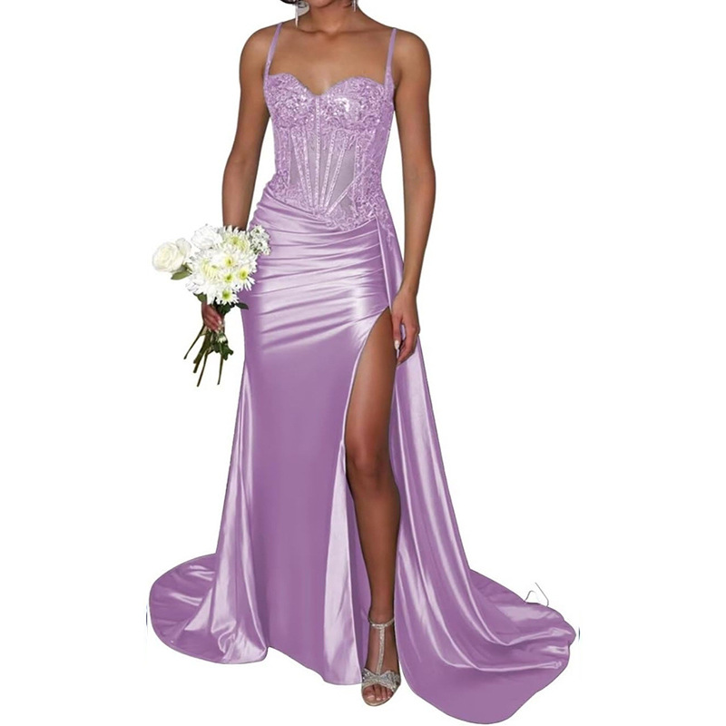 Vestido de noche sexy dividido de satén Vestido largo de tubo transfronterizo europeo y americano con cintura de espina de pescado Vestido delgado Falda larga image 14
