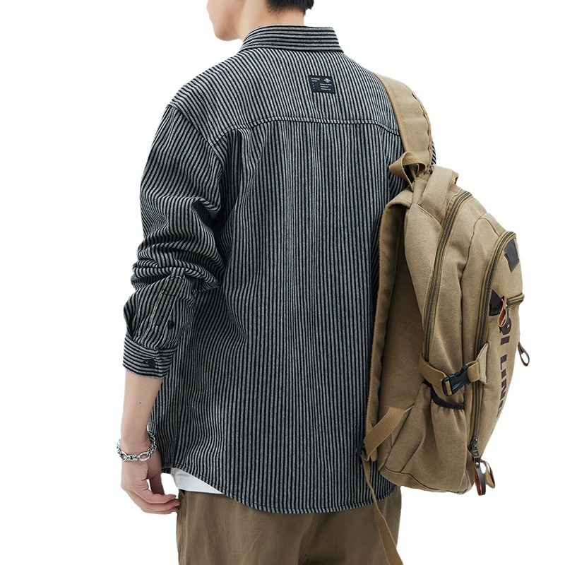 Herren Gestreiftes Langarmhemd Blau Modisches Freizeithemd_voghion.com