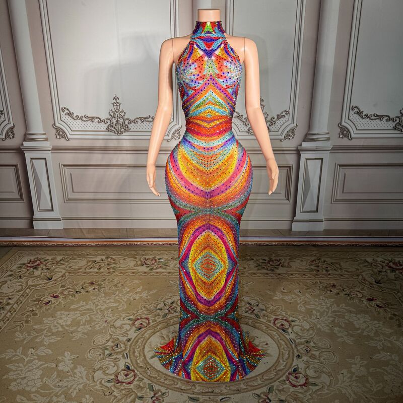 Colorful sleeveless tight-fitting shiny rhinestone mesh high-neck dress for cocktail parties, nightclubs, and performances, fashionable evening gown Colorful sleeveless tight-fitting shiny rhinestone mesh high-neck dress for cocktail parties, nightclubs, and performances, fashionable evening gown