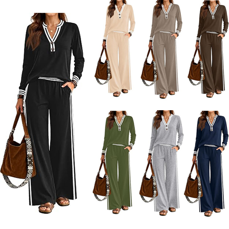 Cross-border European and American autumn/winter casual set for women: V-neck striped long-sleeved top with white stripes on the sides and wide-leg pants, a two-piece outfit Cross-border European and American autumn/winter casual set for women: V-neck striped long-sleeved top with white stripes on the sides and wide-leg pants, a two-piece outfit