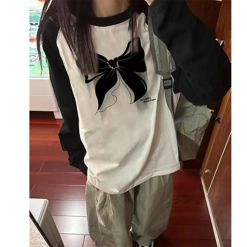Black and White Color-Blocking Raglan Sleeve Long-Sleeve T-Shirt for Women, New Spring and Autumn Style, Loose Round Neck Top, Trendy Ins Style