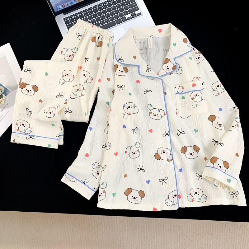 Primavera y otoño pijamas de mujeres pantalones de manga larga nubes de algodón cardigan con solapa dulce dos piezas de dibujos animados lindo ropa para el hogar