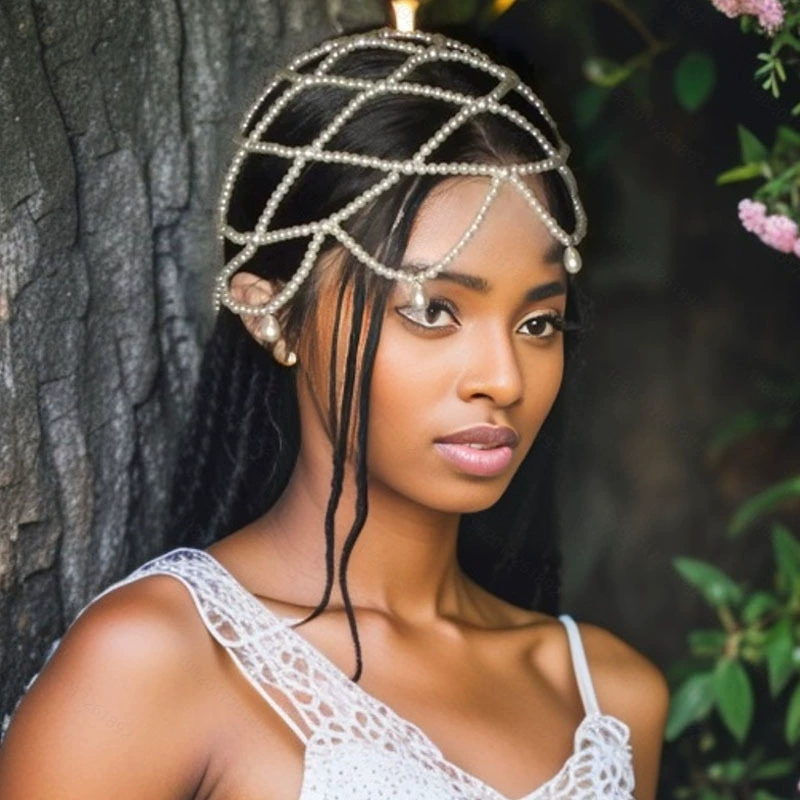 Fashionable hair accessory, chain from pearl for bride, hair mesh, (Cross-border trading), city style