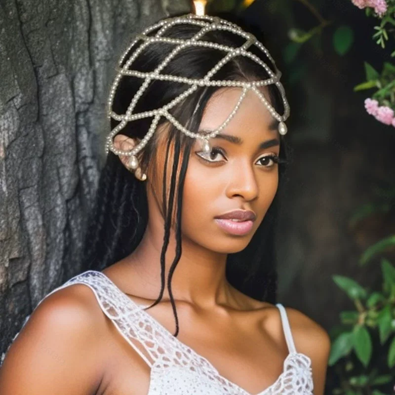 Fashionable hair accessory, chain from pearl for bride, hair mesh, (Cross-border trading), city style