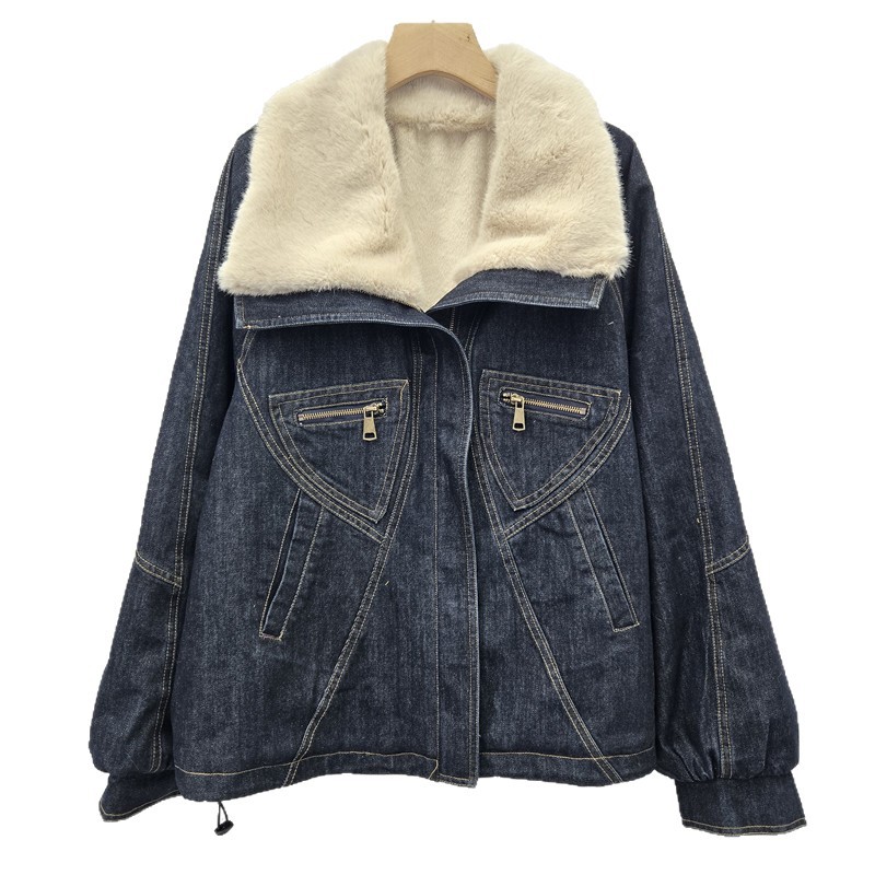 2025 invierno nuevo gran solapa una chaqueta de vaqueros de terciopelo más terciopelo grueso chaqueta de locomotora suelta de mujer superado