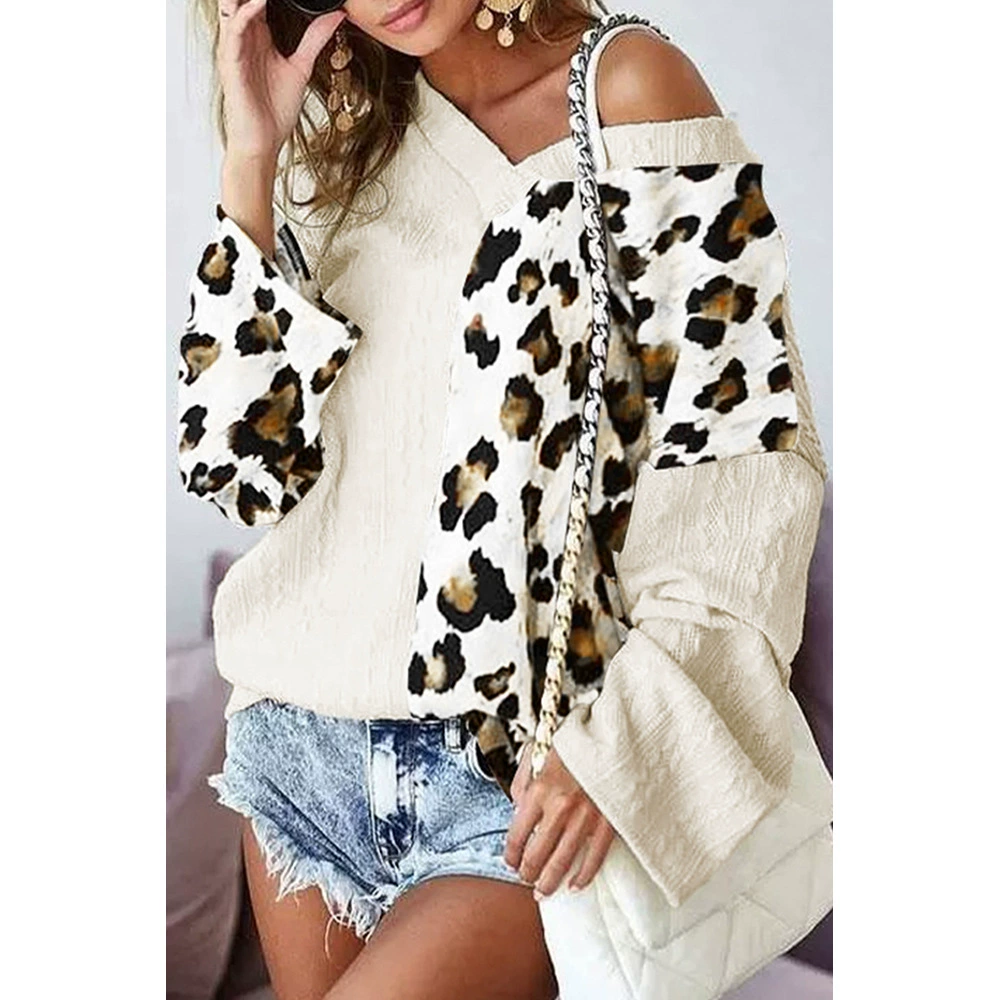 Beige long-sleeve, fashionable sweater, V-neckline, European style