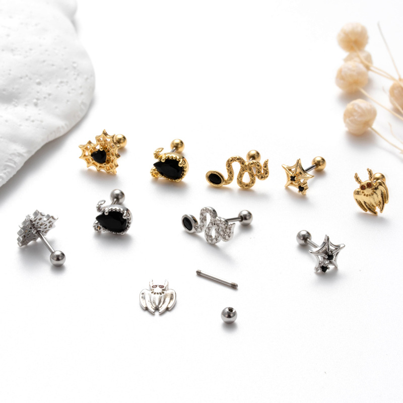 2 pezzi orecchini a doppia testa in zircone nero con vite in acciaio inossidabile, asta sottile, orecchini alla moda per la foratura della cartilagine_voghion.com