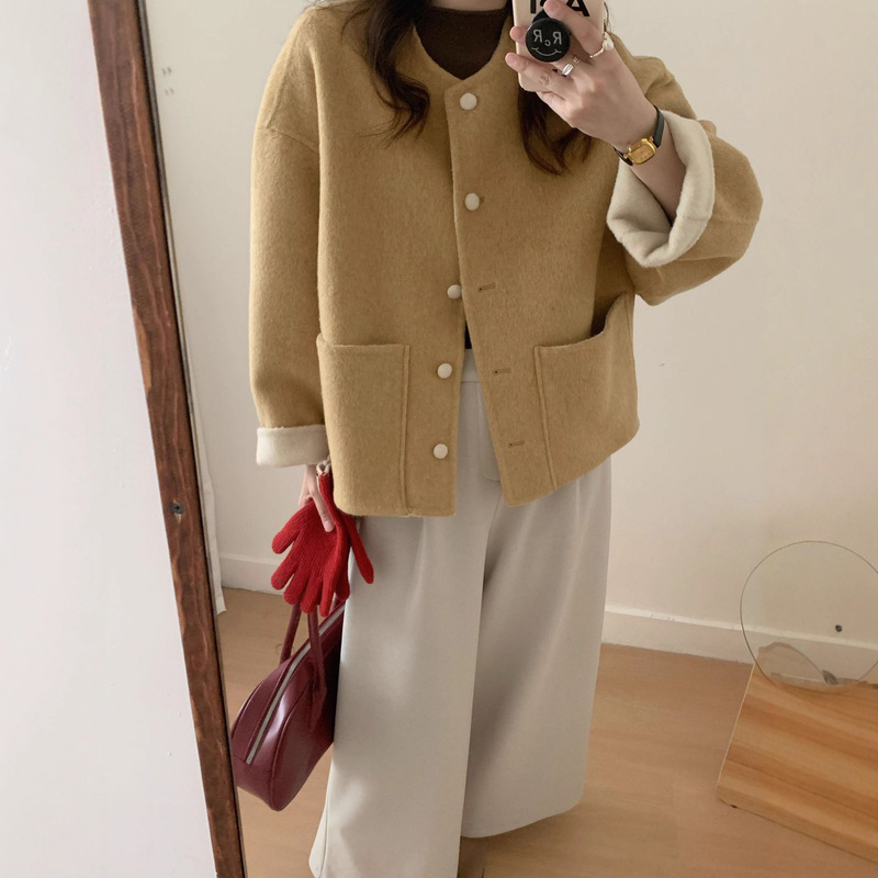 Autumn and Winter New Short Ab Double-Sided Wool Coat with a High-End Feel, Thick Wide Version for Petite Women, Collarless Woolen Jacket