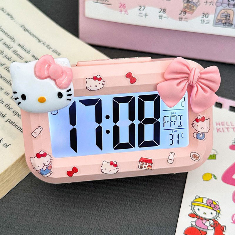 Đồng hồ báo thức màu hồng [Đồng hồ báo thức mèo KT - Kiểu nơ + Nhãn dán + 2 pin]