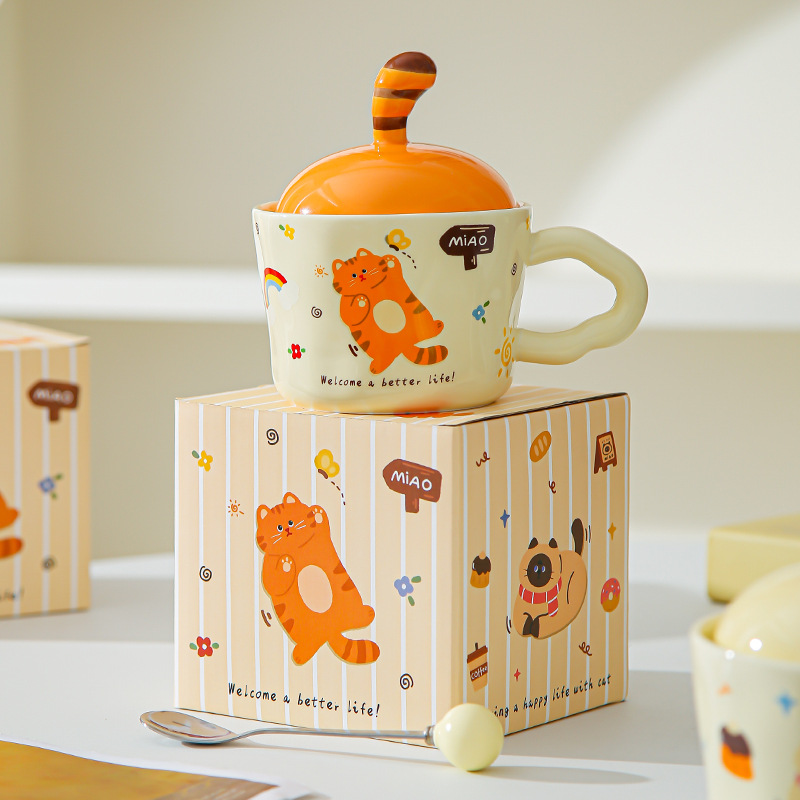 Divertido gato de dibujos animados tazas con cubierta de oficina adorable ins tazas de cerámica tazas de regalo creativas personales