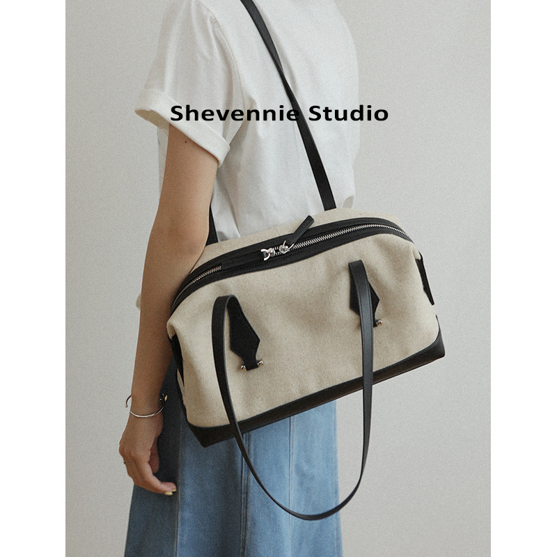 Retro Niche Design Canvas And Cowhide Pillow Bag, Large Capacity Underarm Bag, Casual Single Shoulder Tote Bag For Women