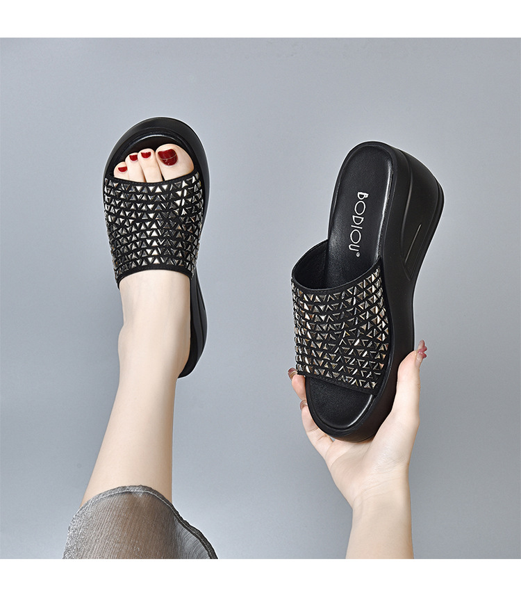 Dép sandal nữ đế xuồng đính đá tăng chiều cao — Màu đen chi tiết 6
