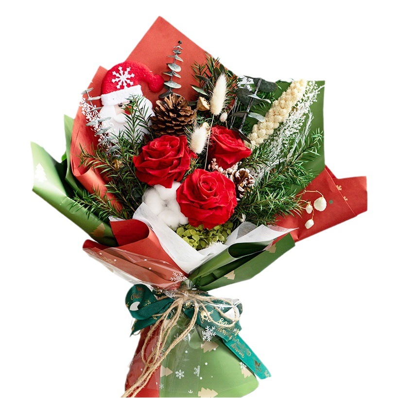 Rosa Eterna Navideña, Oso de Peluche, Ramo de Flores Terminado, Regalo para Novia o Mejor Amiga, Regalo Navideño Hecho a Mano