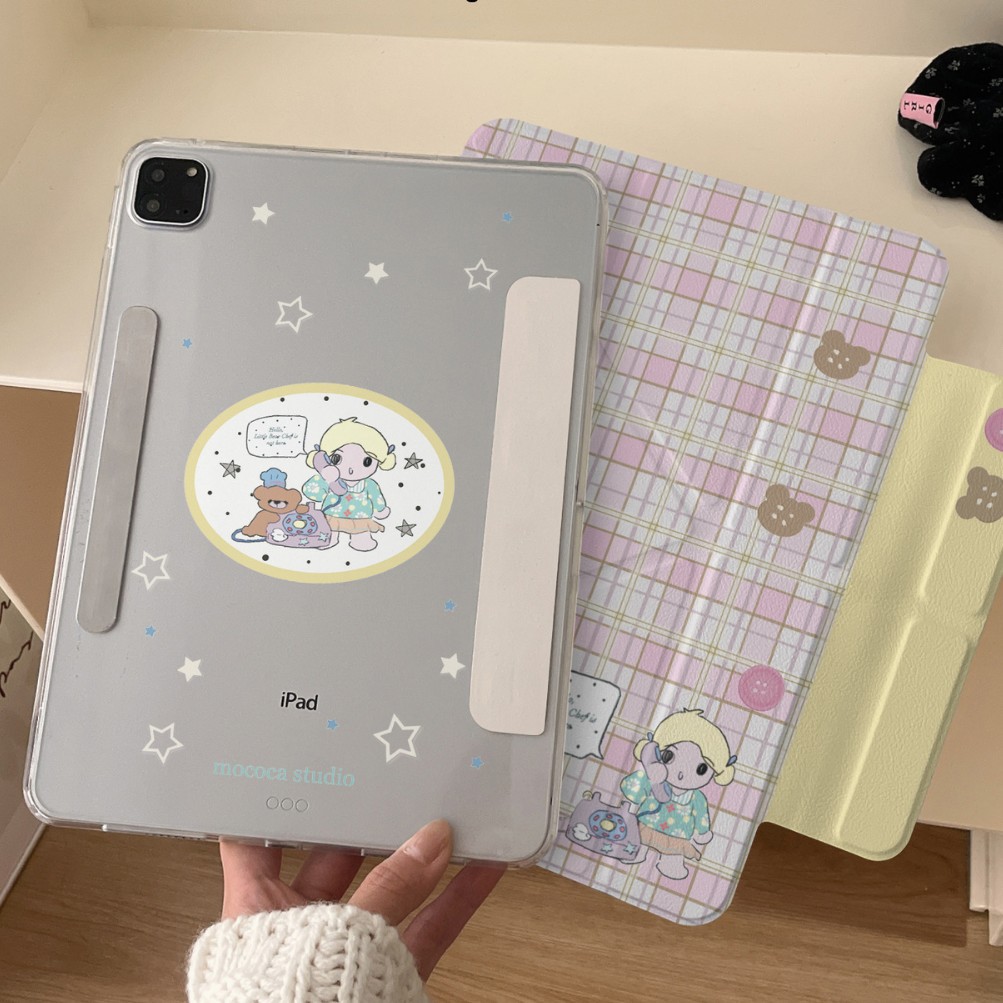 Korean Plaid Bear Girl Suitable for iPad Pro Tablet Protective Cover Y Fold Mini6 Side Suction Separation Air7/10Th