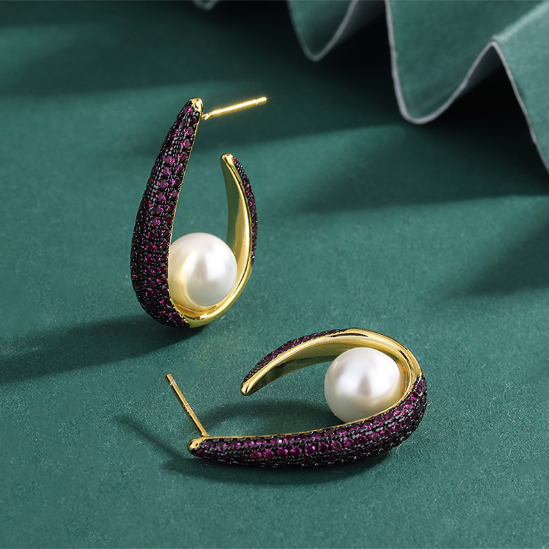 Fashion U Shape Copper Inlay Pearl Zircon Ear Studs 1 Pair