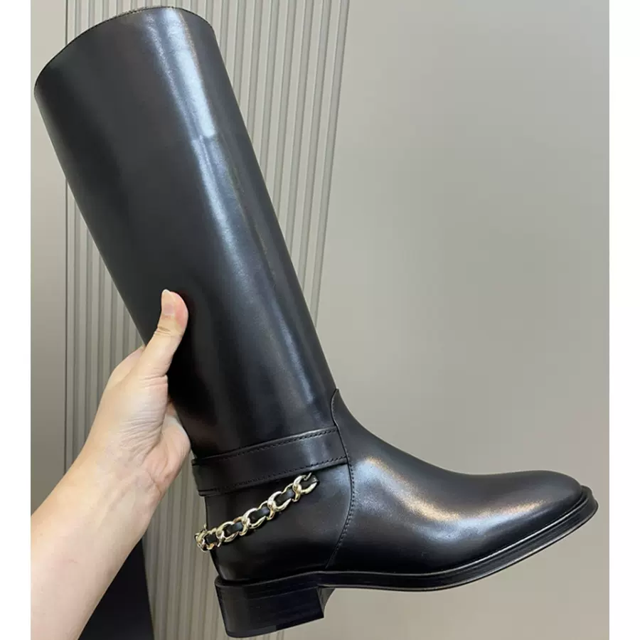 精品欧美女靴长靴小香风牛皮骑士靴高筒粗跟马靴圆头侧拉链长筒靴