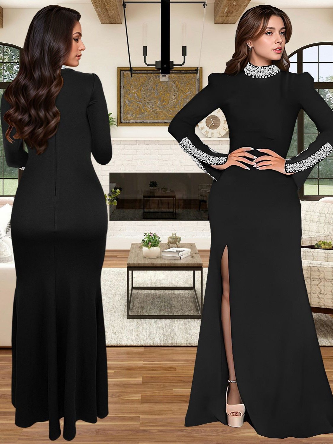 2026 Tiro real de temperamento e vestido versátil de renda com cauda de peixe de mangas compridas para mulheres na primavera e no outono, saia de quadril justa, saia longa