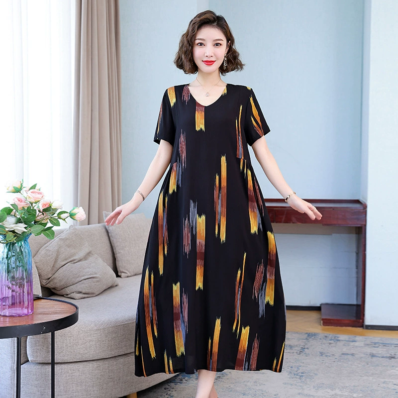 Летнее платье из хлопкового шелка для женщин, миди, 2025, корейский стиль, новинка, для женщин средних лет, больших размеров, с принтом, в западном стиле.