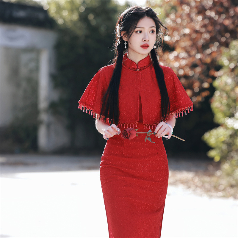2023 spring and summer two-piece Cape composite lace mid-length cheongsam dress retro artistic improved cheongsam
