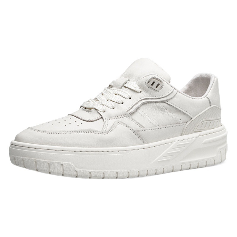 Directamente del fabricante: zapatillas blancas transpirables de cuero genuino para hombre, calzado deportivo informal de suela gruesa a la moda para otoño 2025, venta al por mayor.