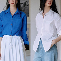 Jjcouture“出海日”后开衩双色刺绣经典衬衫女秋季纯棉宽松上衣