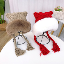 女童帽子亲子冬季针织帽可爱猫耳朵加厚保暖护耳帽儿童雷锋帽加绒