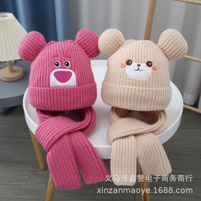 宝宝帽子秋冬季新款草莓熊针织毛线保暖男女儿童帽子围巾套装婴儿