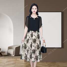 芙蓉丝宽松遮肚子假两件连衣裙2025夏季新款印花气质显瘦裙子