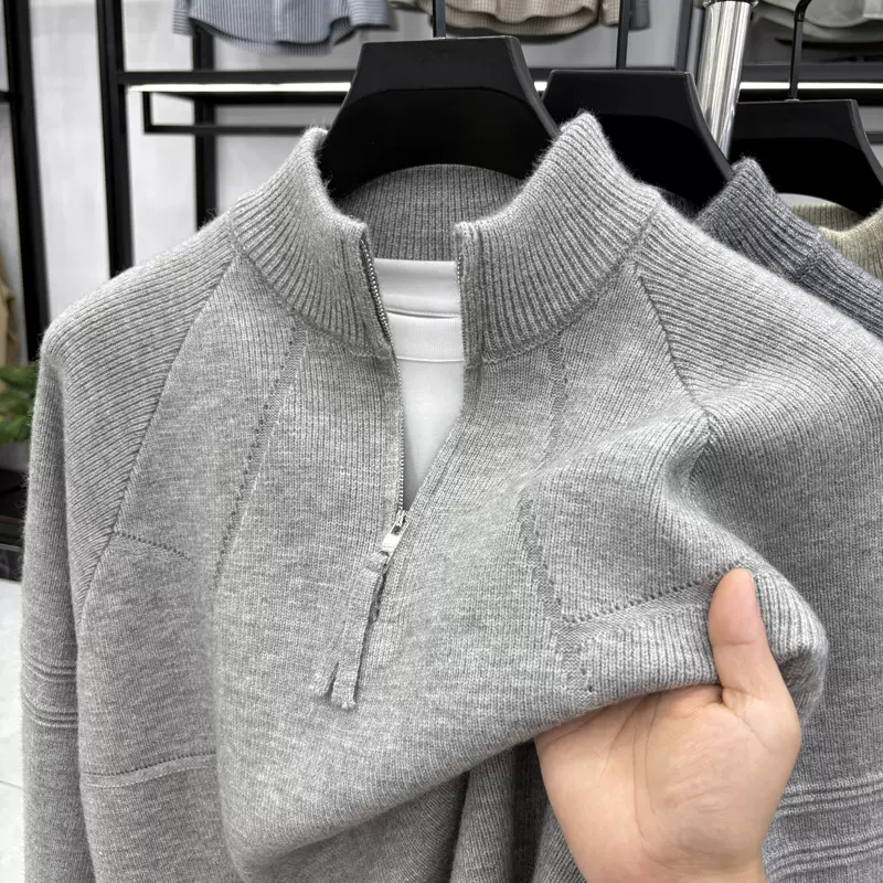 直播同款秋冬季半高拉链领男士针织衫复古提花纯色百搭休闲毛衣男