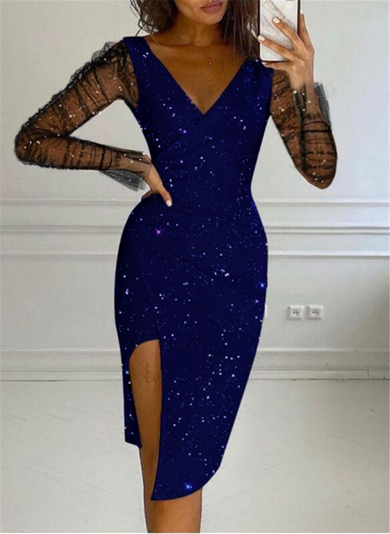 Damenbekleidung [Sofort lieferbar] Herbst Damen Pailletten V-Ausschnitt Hüftgewickelt Sexy Mesh Kleid für Damen_voghion.com