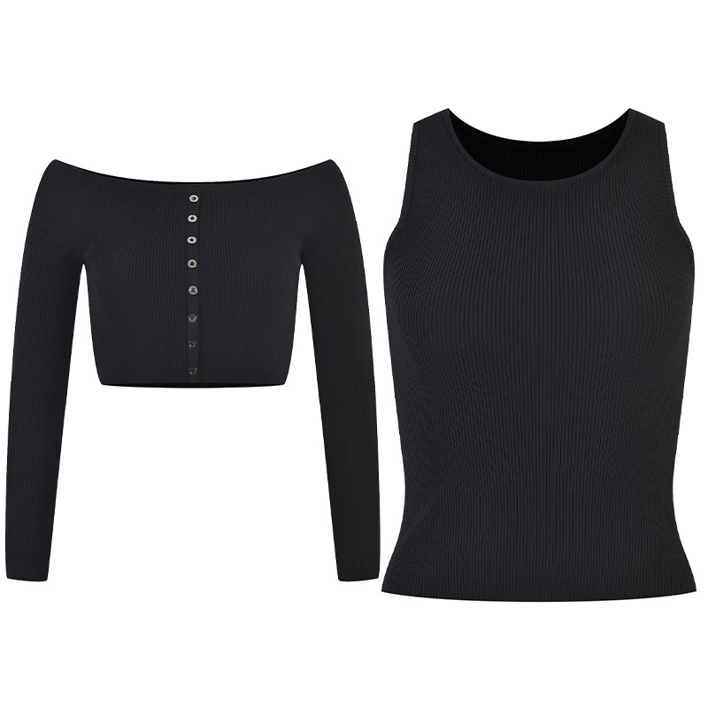 2022 Autumn and Winter New Elegant Slim-fit Slimming Shoulder-exposed Single-breasted Long-sleeved Sweater Sleeveless Vest Two-piece Set