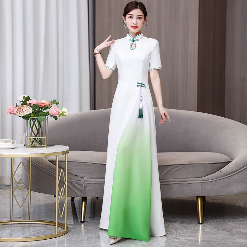 夏季新中式复古立领盘扣改良旗袍裙国风气质走秀舞台表演服长裙女
