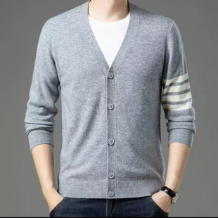 Four-Stripe Striped Couple's Wool Knit Cardigan for Spring and Autumn, Loose and Versatile College Style Jacket for Couples